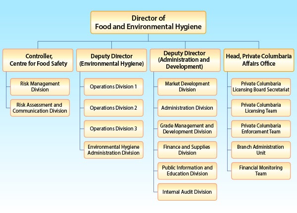 In the organization of FEHD, there are 4 branches under the Director. They are Controller of Centre for Food Safety, Deputy Director (Environmental Hygiene), Deputy Director (Administration and Development) and Private Columbaria Affairs Office. There are different divisions under each branches. Details are in the content of this page