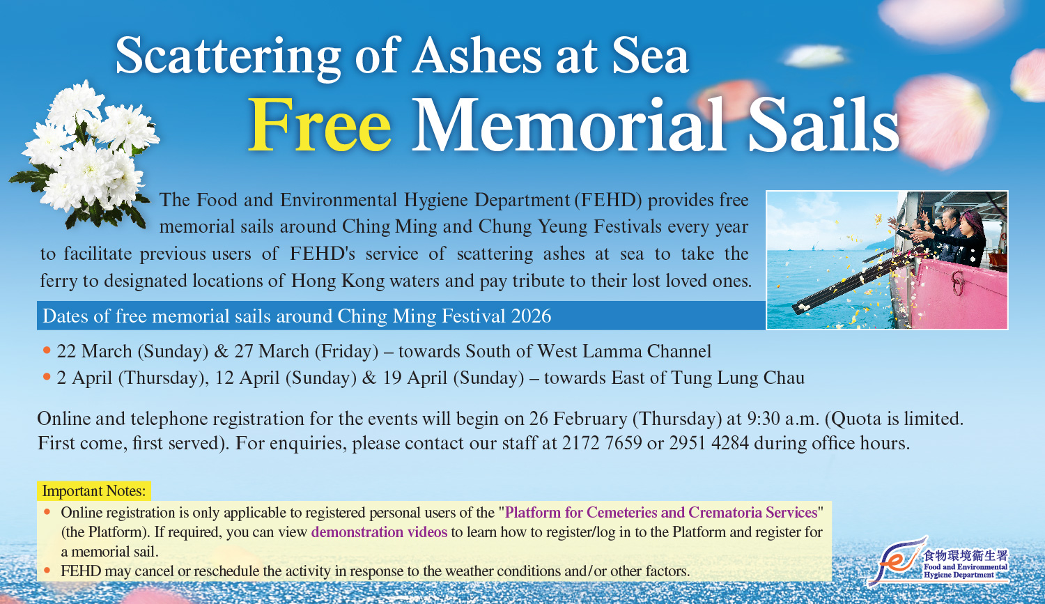 Free Memorial Trip Sails for Scattering of Ashes at Sea