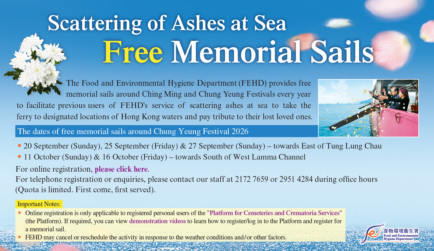 Free Memorial Trip Sails for Scattering of Ashes at Sea